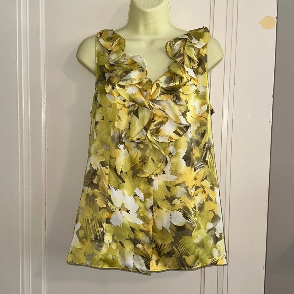 Anne Klein chartreuse green watercolor sleeveless ruffle neck polyester blouse